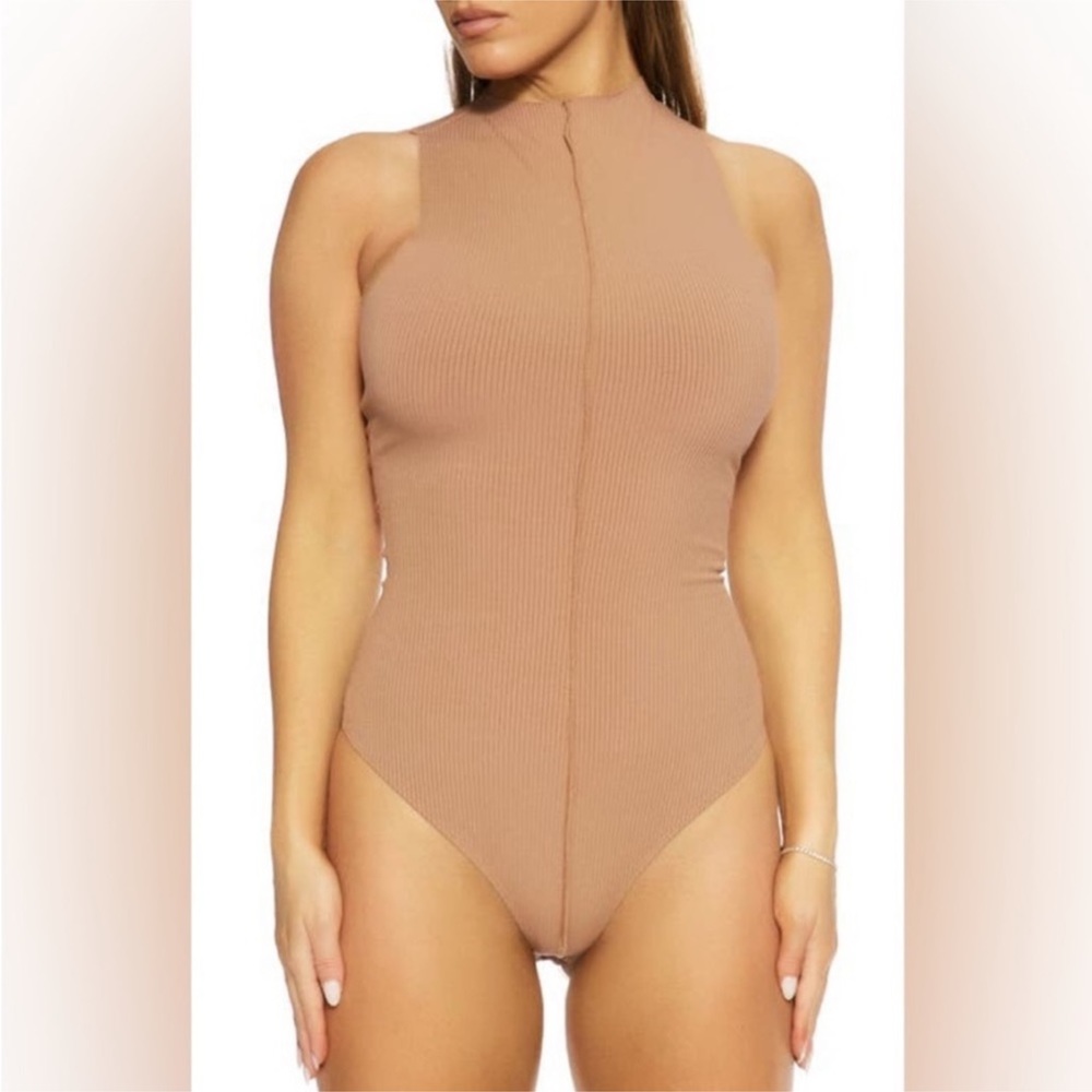 Naked Wardrobe Get Snatched Bodysuit Womens Small Tan NWOT Ribbed Exposed Seam